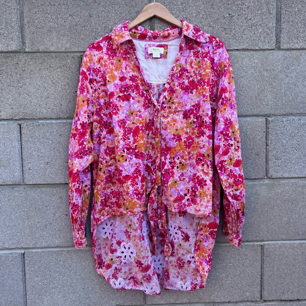 Anthropologie Maeve Tie Front Longline Floral Eyelet Blouse - Picture 2 of 13
